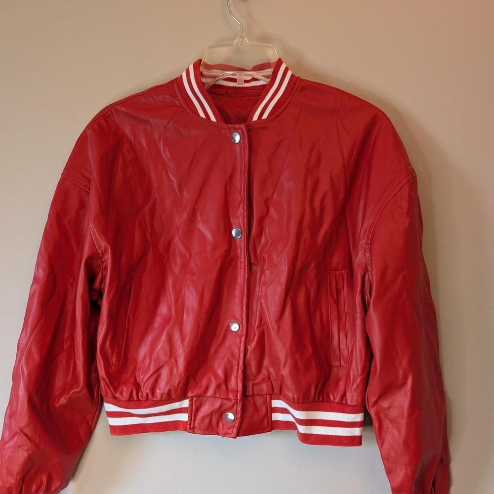 Apple Red Pleather Varsity Jacket Button up Women's size XL Blokecore University